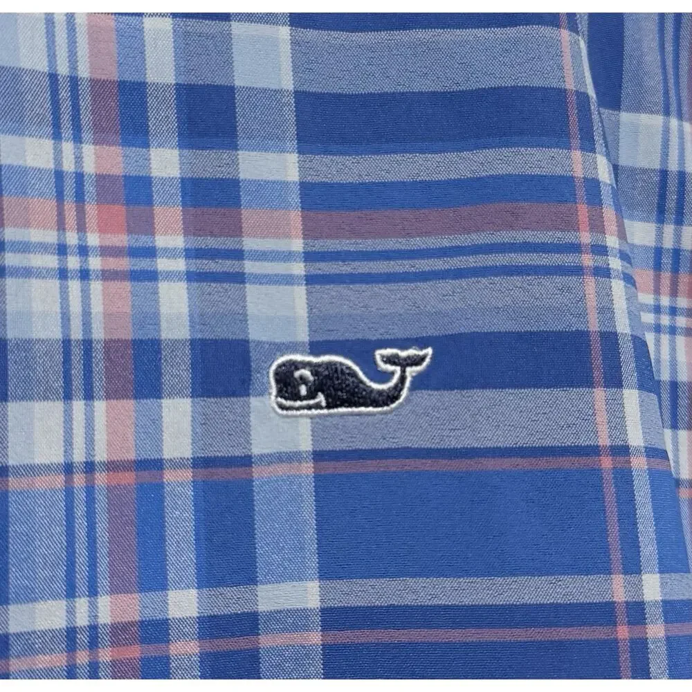 Vineyard Vines Performance Shirt Boys XL 18 Blue White Plaid Long Sleeve Logo